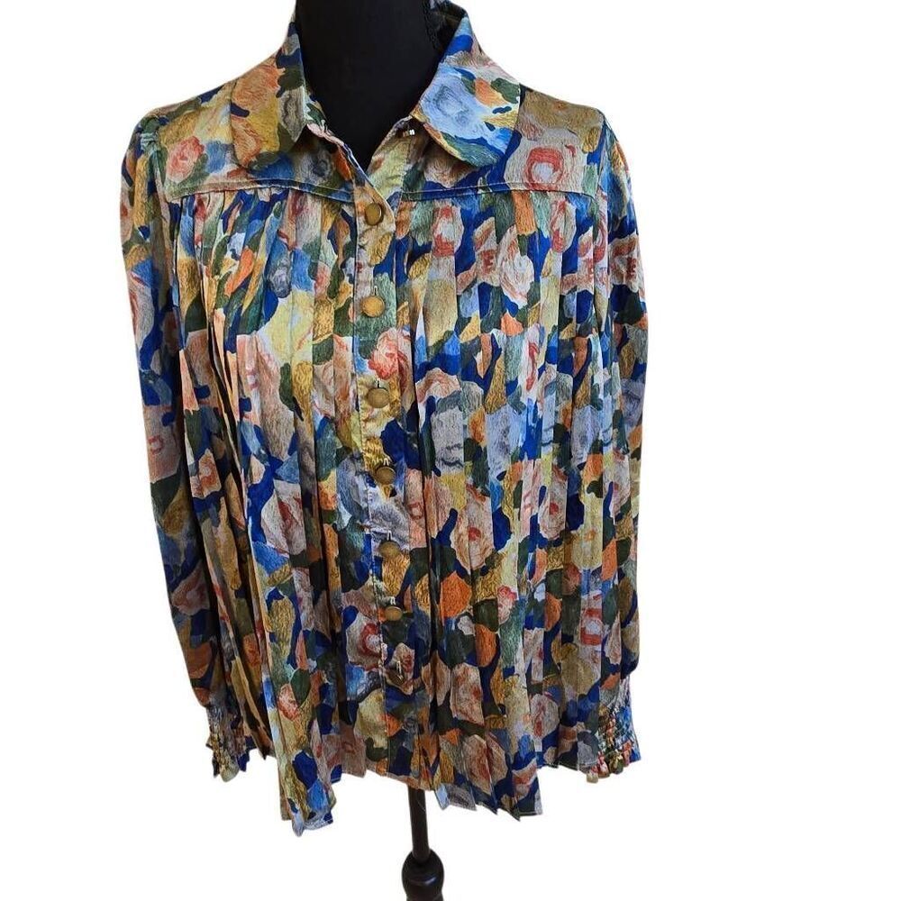 Radzoli Women's Artsy Multi-Print Pleated Button Front Blouse Blue Green Medium - Picture 12 of 12